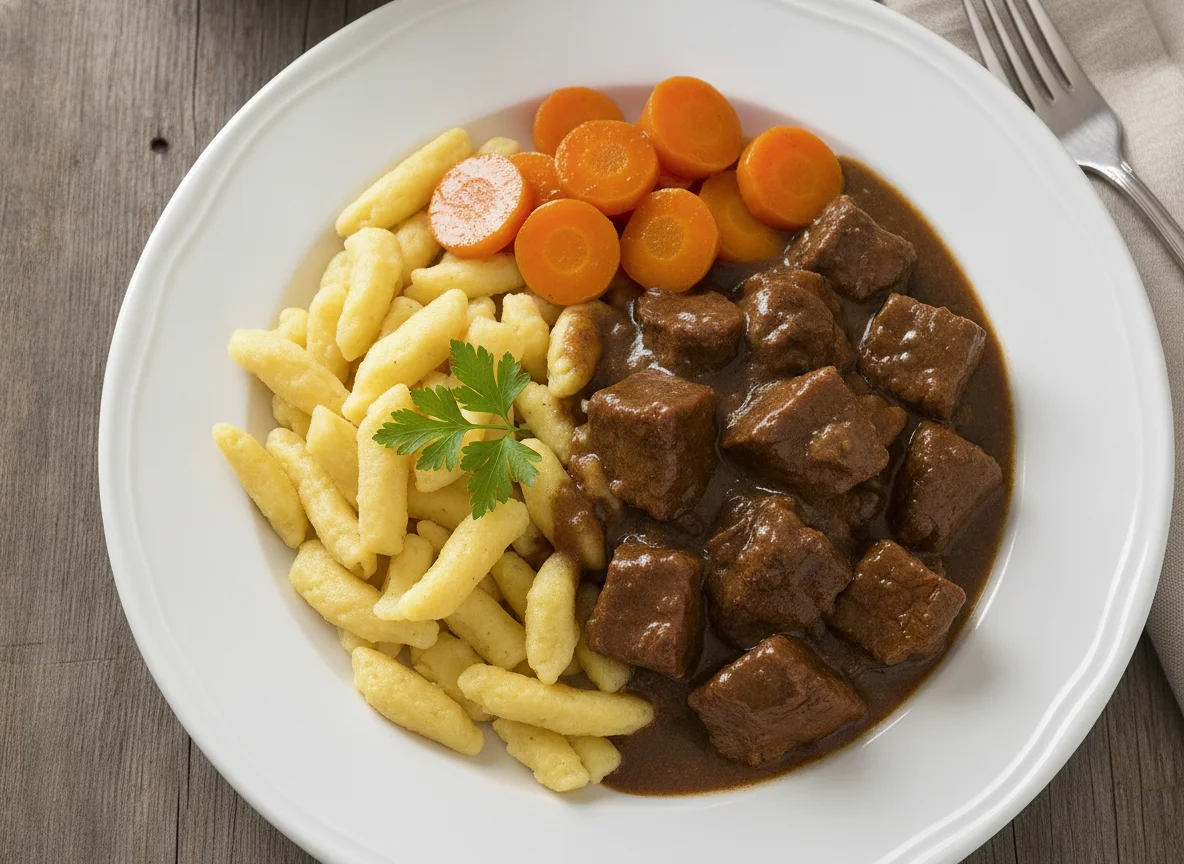Rindergulasch mit Spätzle und Karotten photo