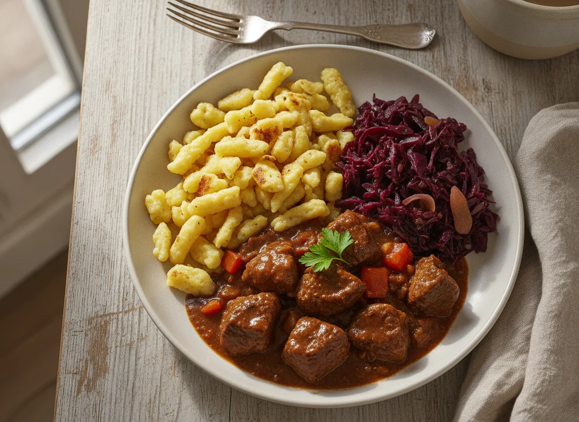Rindergulasch mit Spätzle und Rotkohl photo