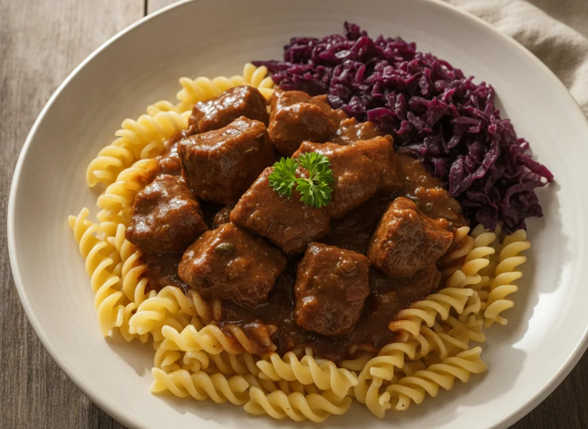 Rindergulasch mit Spirelli-Nudeln und Rotkohl photo