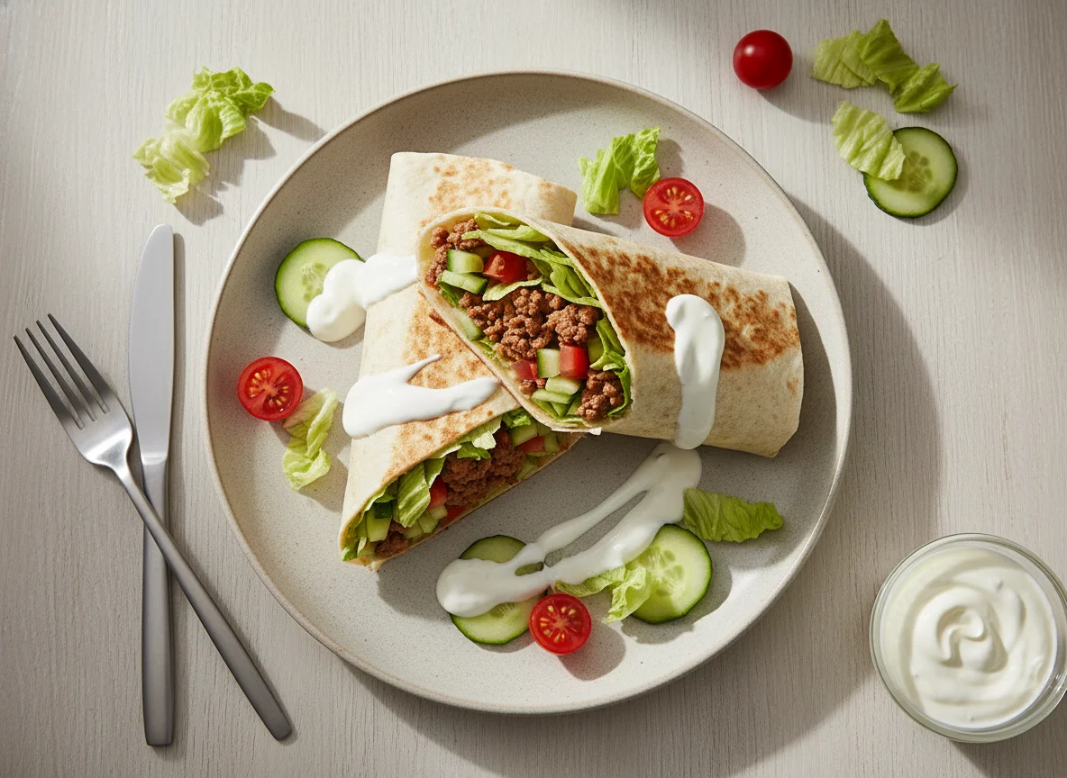 Rinderhackfleisch Wrap mit Salat photo