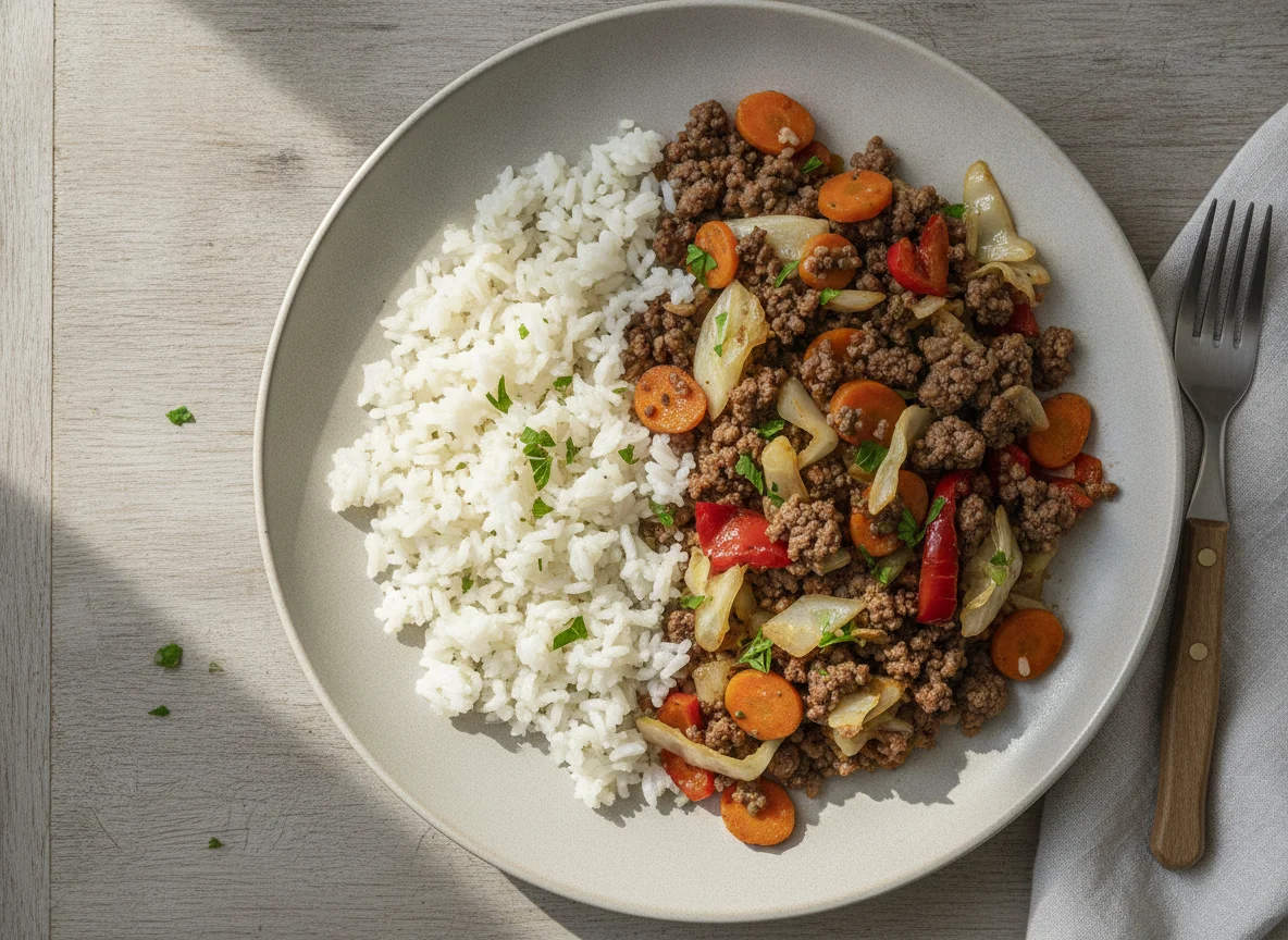 Rinderhackfleisch-Pfanne mit Reis und Gemüse photo