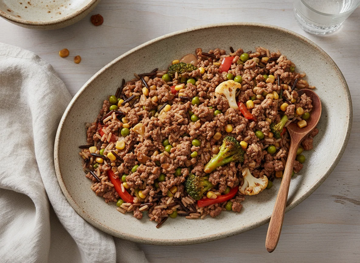 Rinderhackfleisch-Pfanne mit Wildreis und Gemüse photo