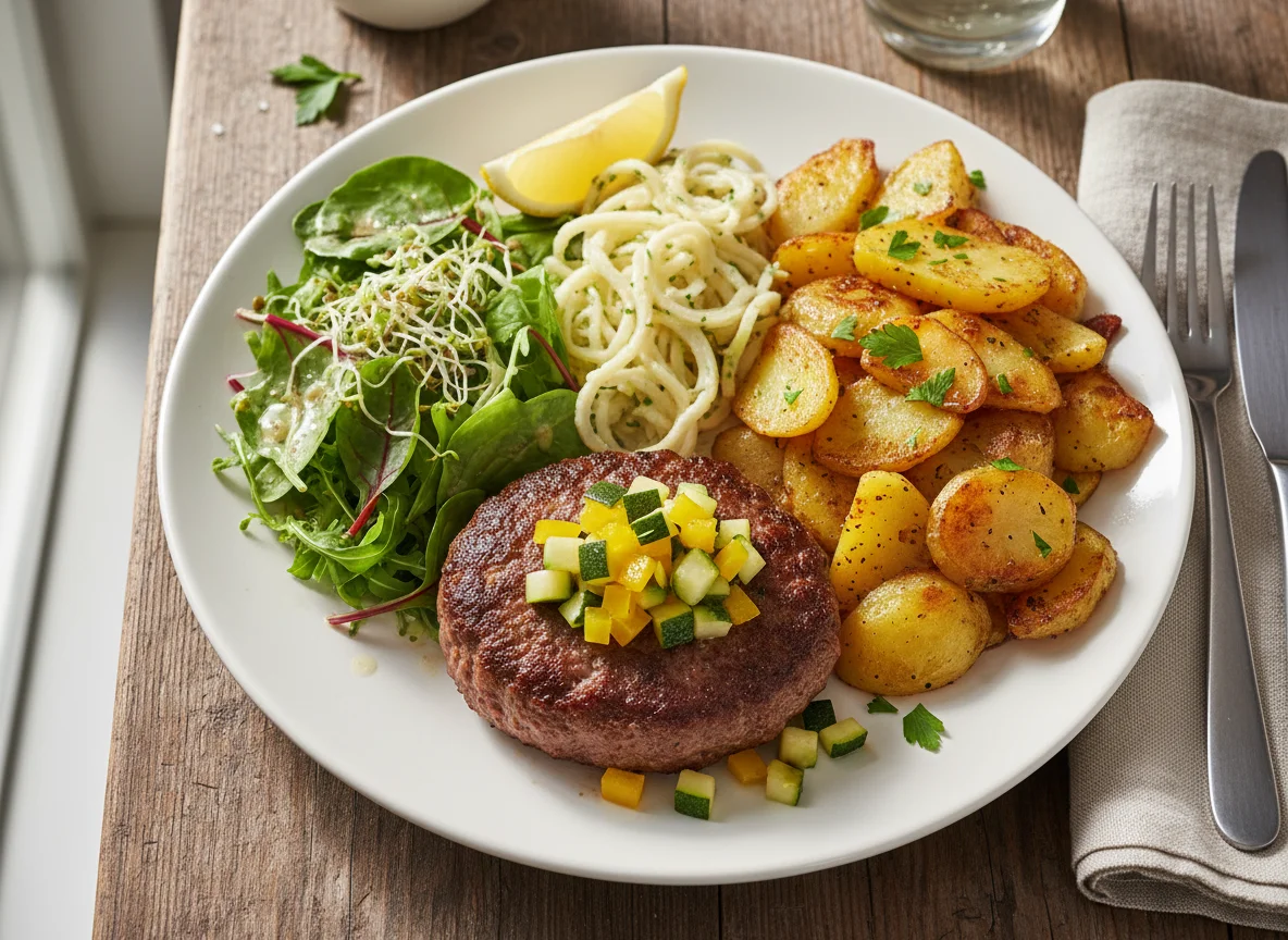 Rinderhacksteak mit Bratkartoffeln und Salat photo