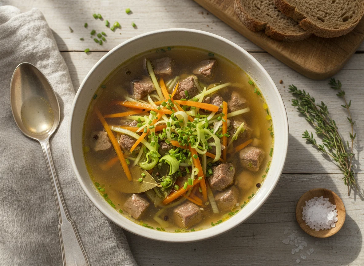 Rinderkraftbrühe mit Gemüsestreifen photo