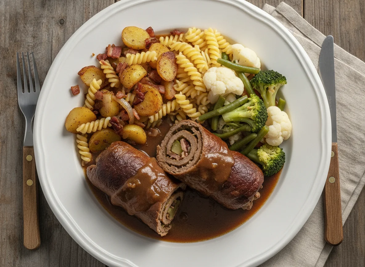Rinderroulade mit Bratkartoffeln, Nudeln und Gemüse photo
