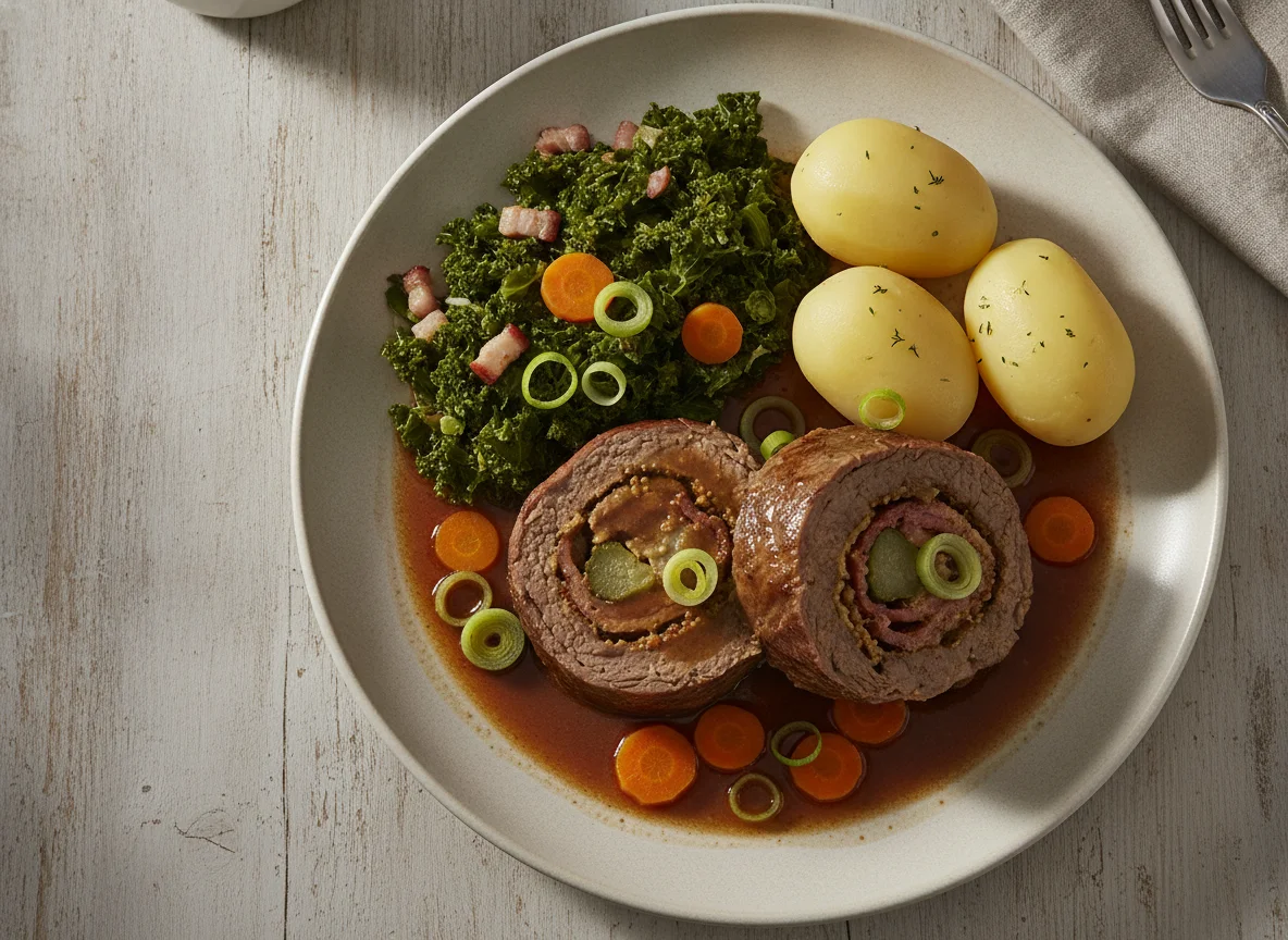Rinderroulade mit Grünkohl, Kartoffel und Sauce photo
