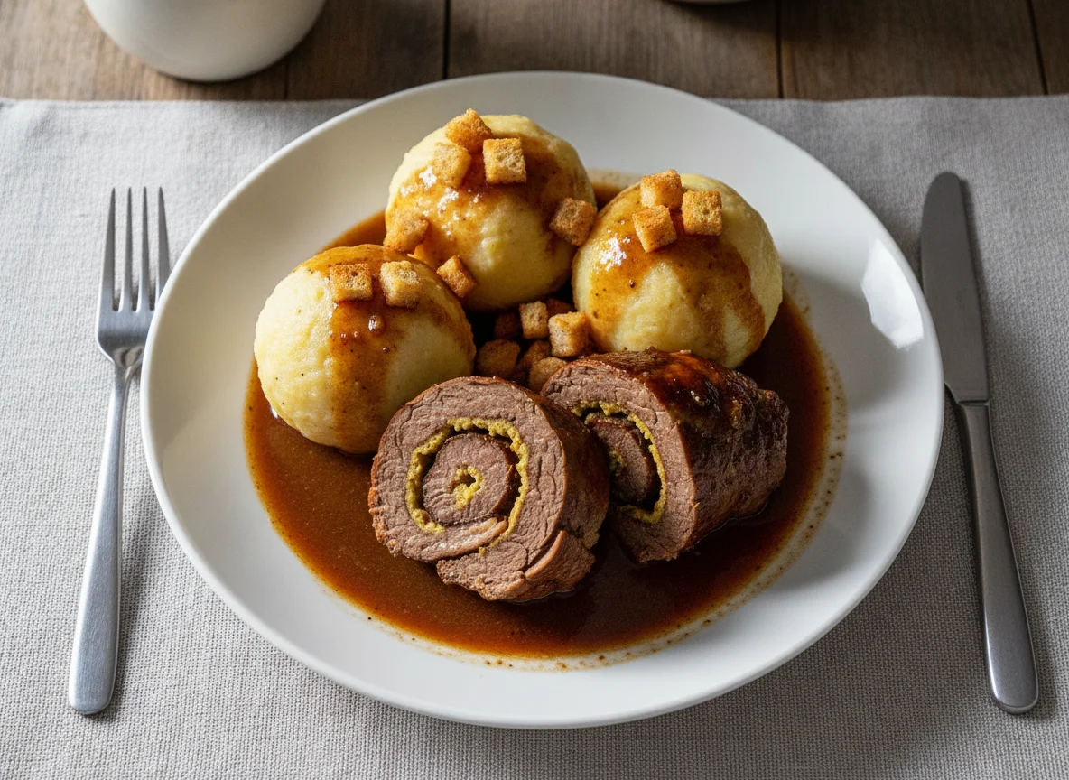 Rinderroulade mit Kartoffelklößen und Bratensoße photo
