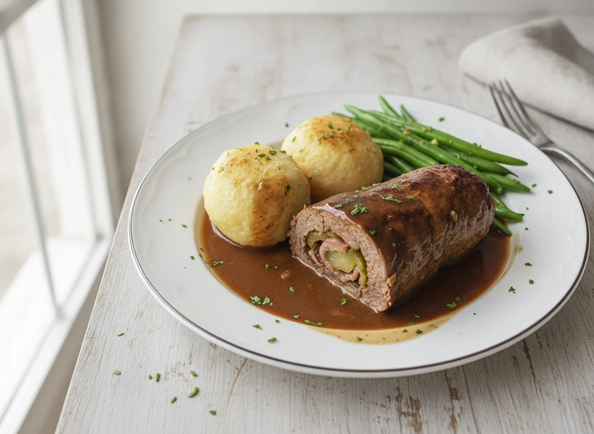 Rinderroulade mit Kartoffelklößen und grünen Bohnen photo