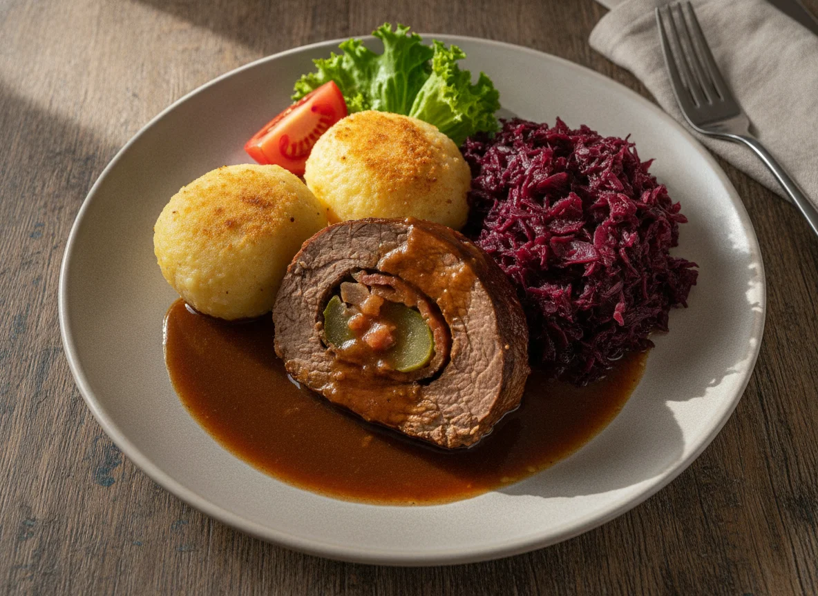 Rinderroulade mit Kartoffelklößen und Rotkohl photo