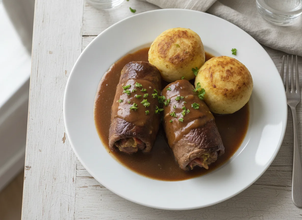 Rinderroulade mit Kartoffelklößen und Soße photo