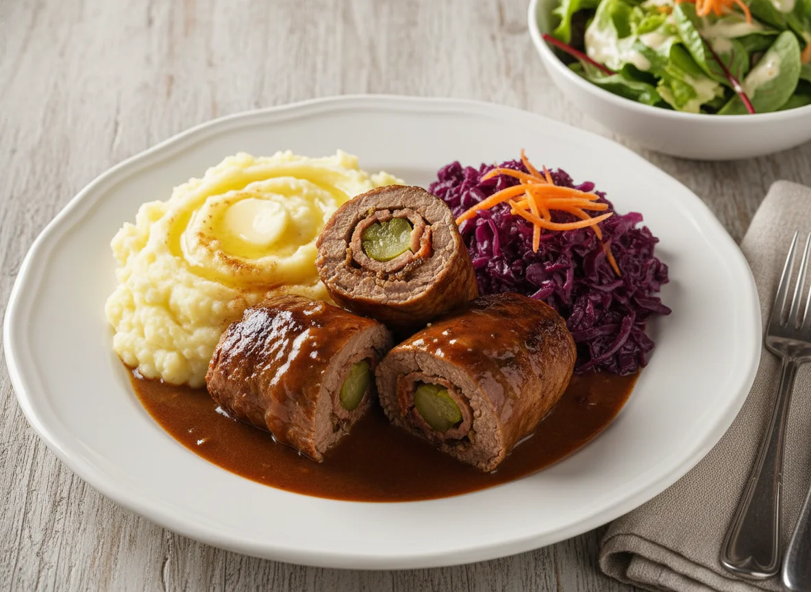 Rinderroulade mit Kartoffelpüree, Rotkohl und Salat photo