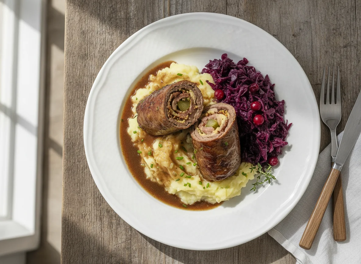 Rinderroulade mit Kartoffelstampf und Rotkohl photo