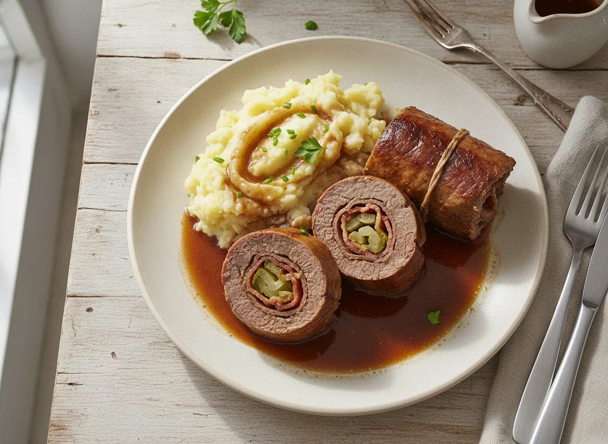 Rinderroulade mit Kartoffelstampf und Sauce photo