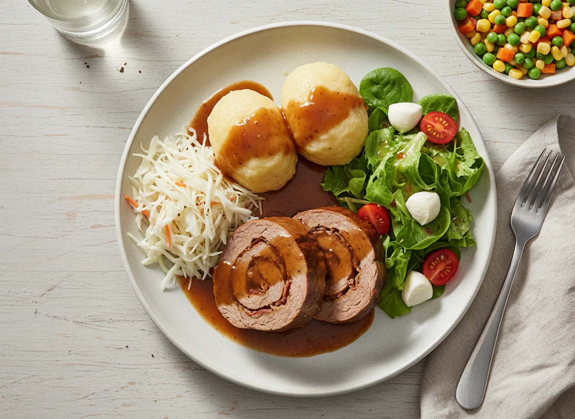 Rinderroulade mit Klößen und Salaten photo