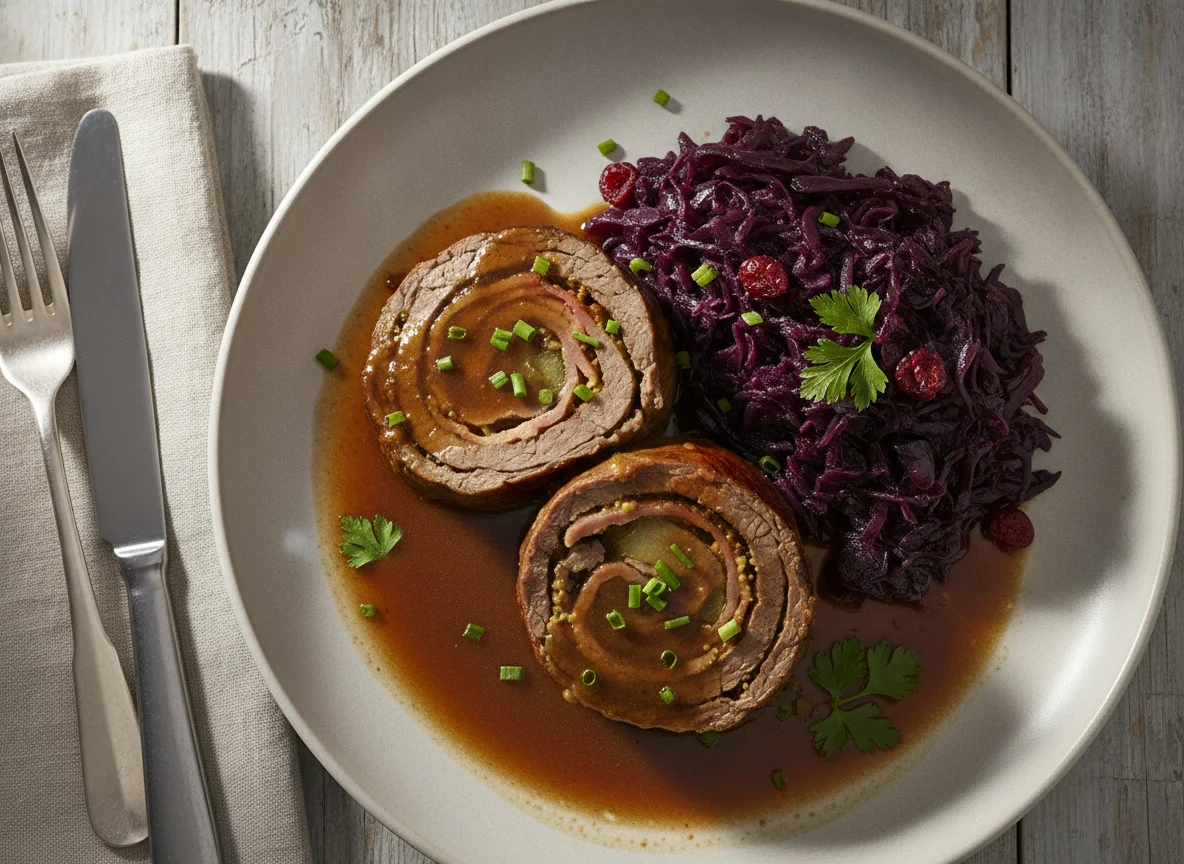 Rinderroulade mit Rotkohl und Sauce photo