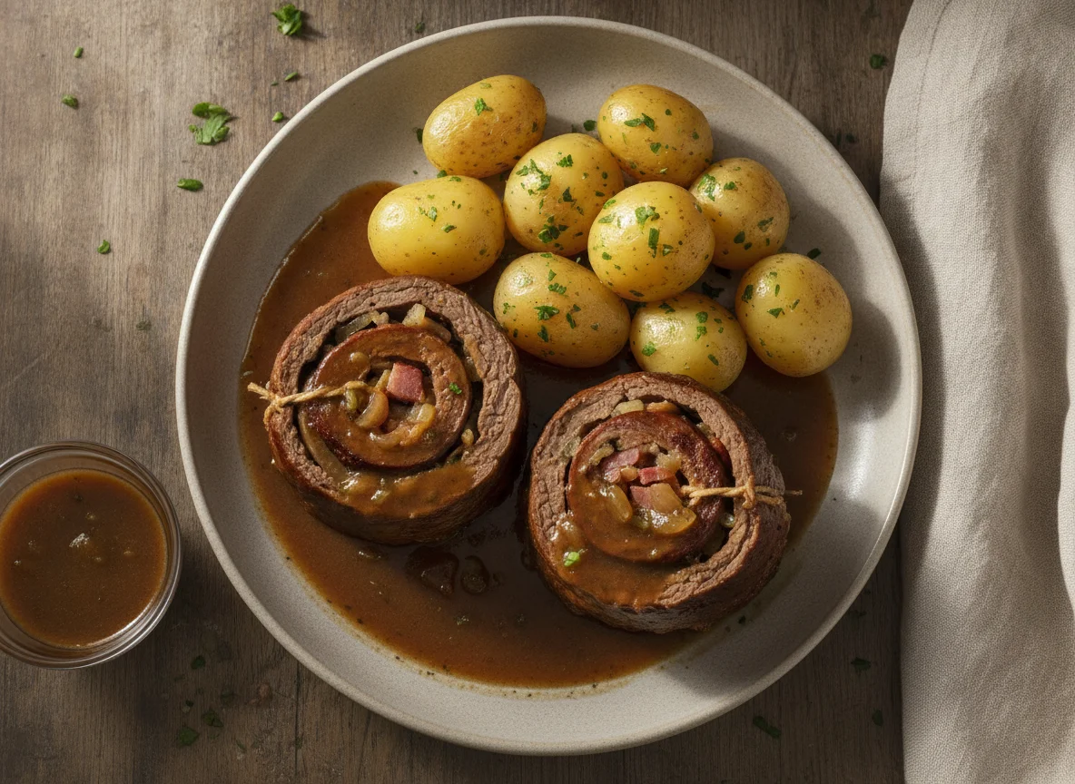 Rinderroulade mit Salzkartoffeln und Bratensoße photo