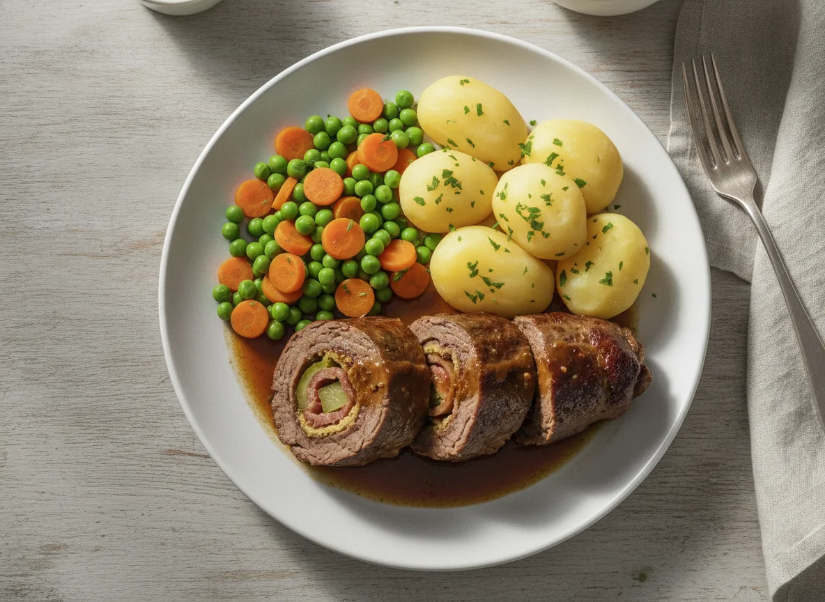 Rinderroulade mit Salzkartoffeln und Erbsen-Möhren-Gemüse photo