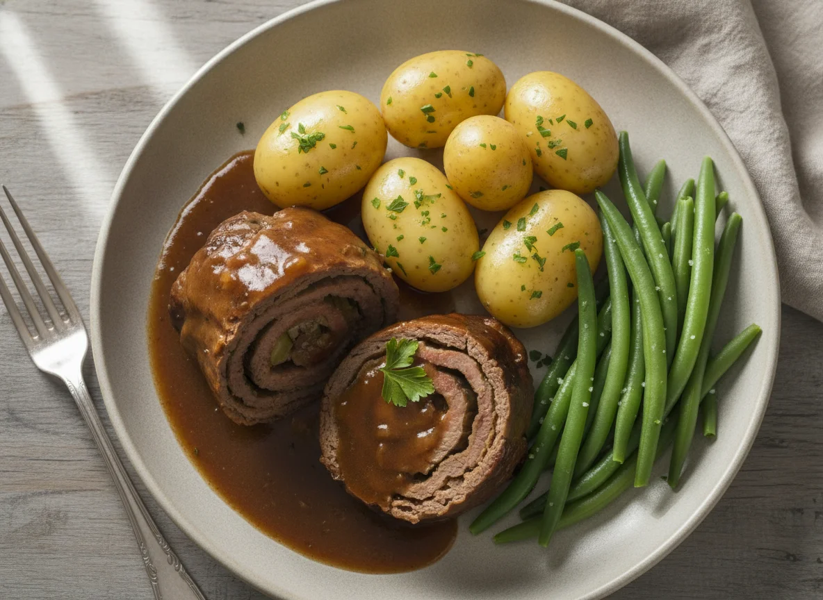 Rinderroulade mit Salzkartoffeln und grünen Bohnen photo
