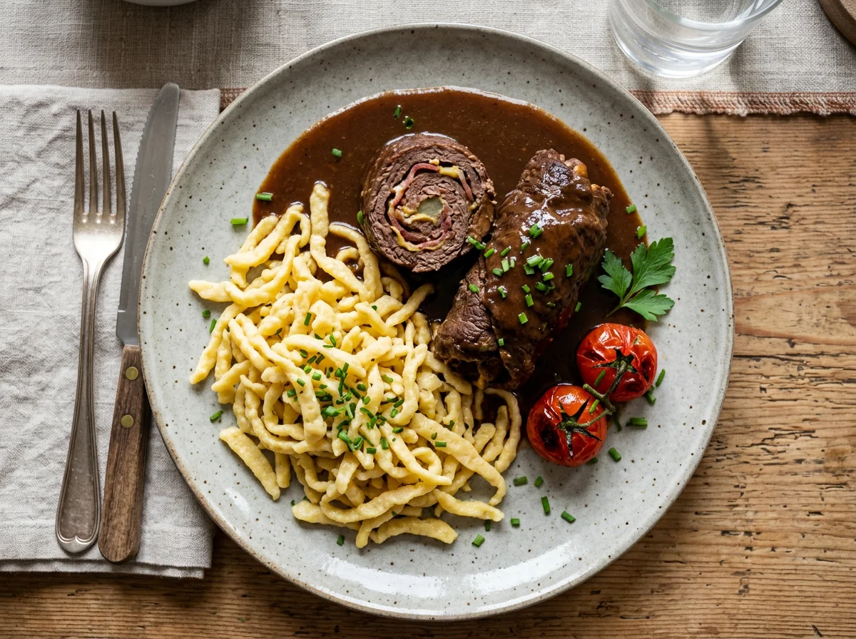 Rinderroulade mit Spätzle und Soße photo