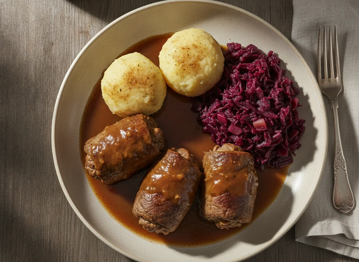 Rinderrouladen mit Kartoffelklößen und Rotkohl photo