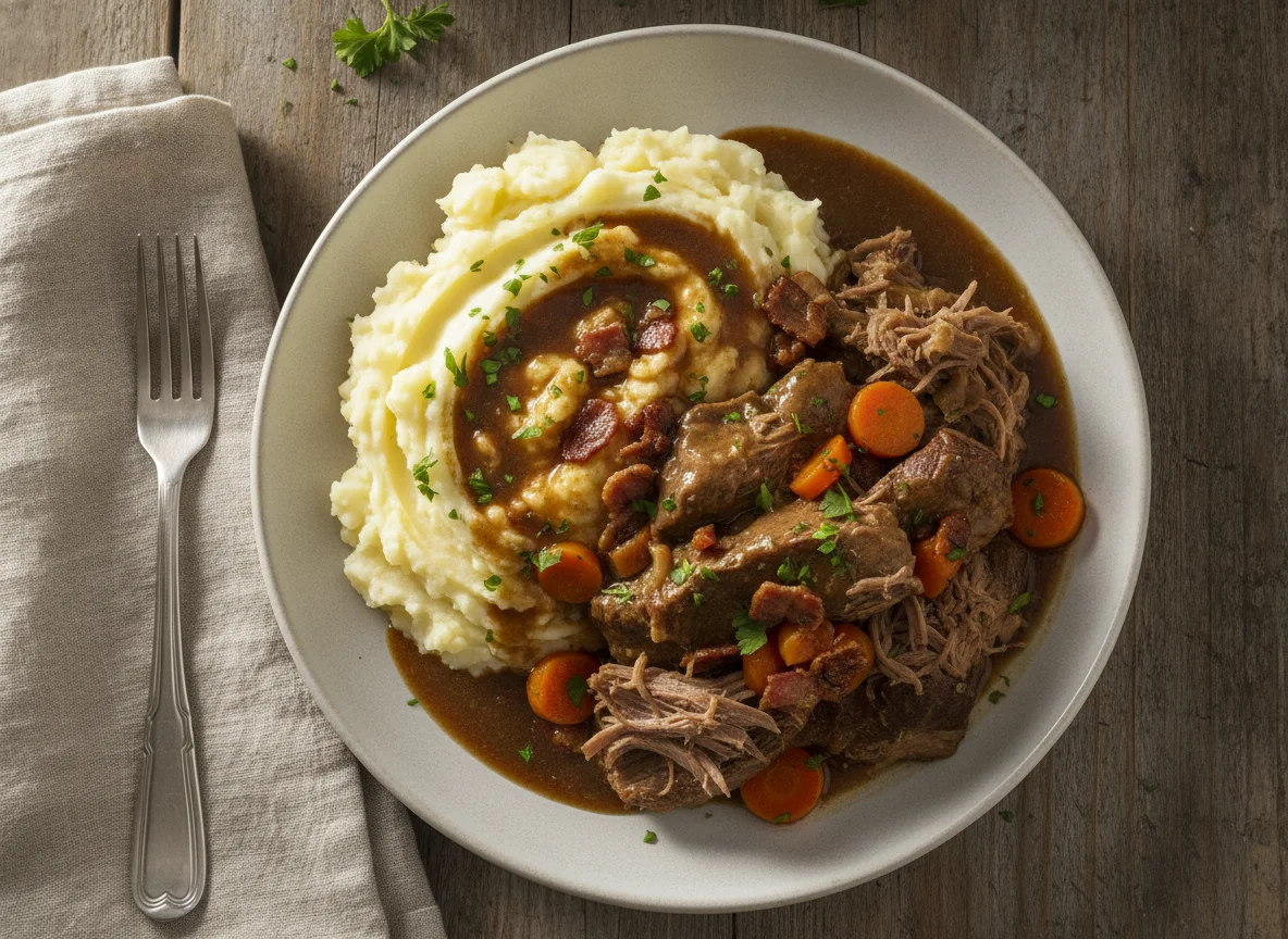 Rinderschmorbraten mit Kartoffelpüree und Soße photo