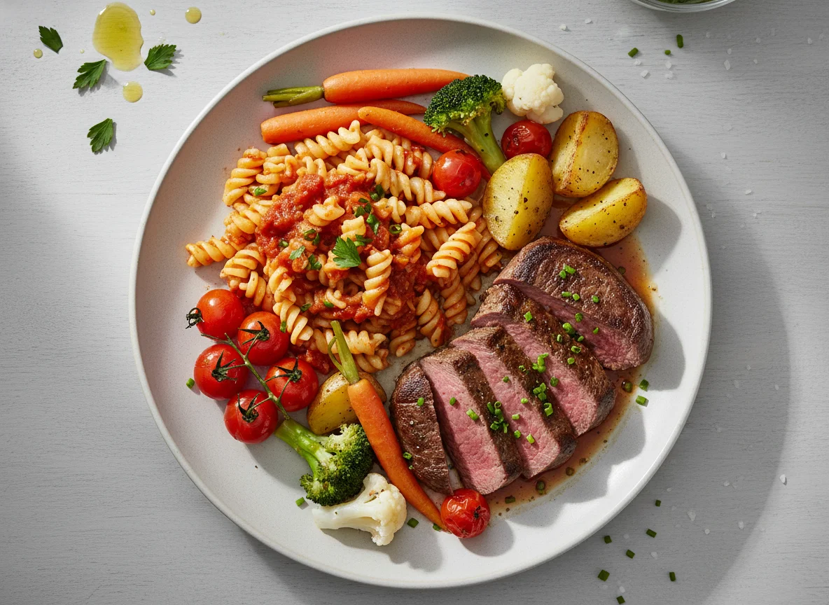 Rindersteak gebraten mit Nudeln und Gemüse photo