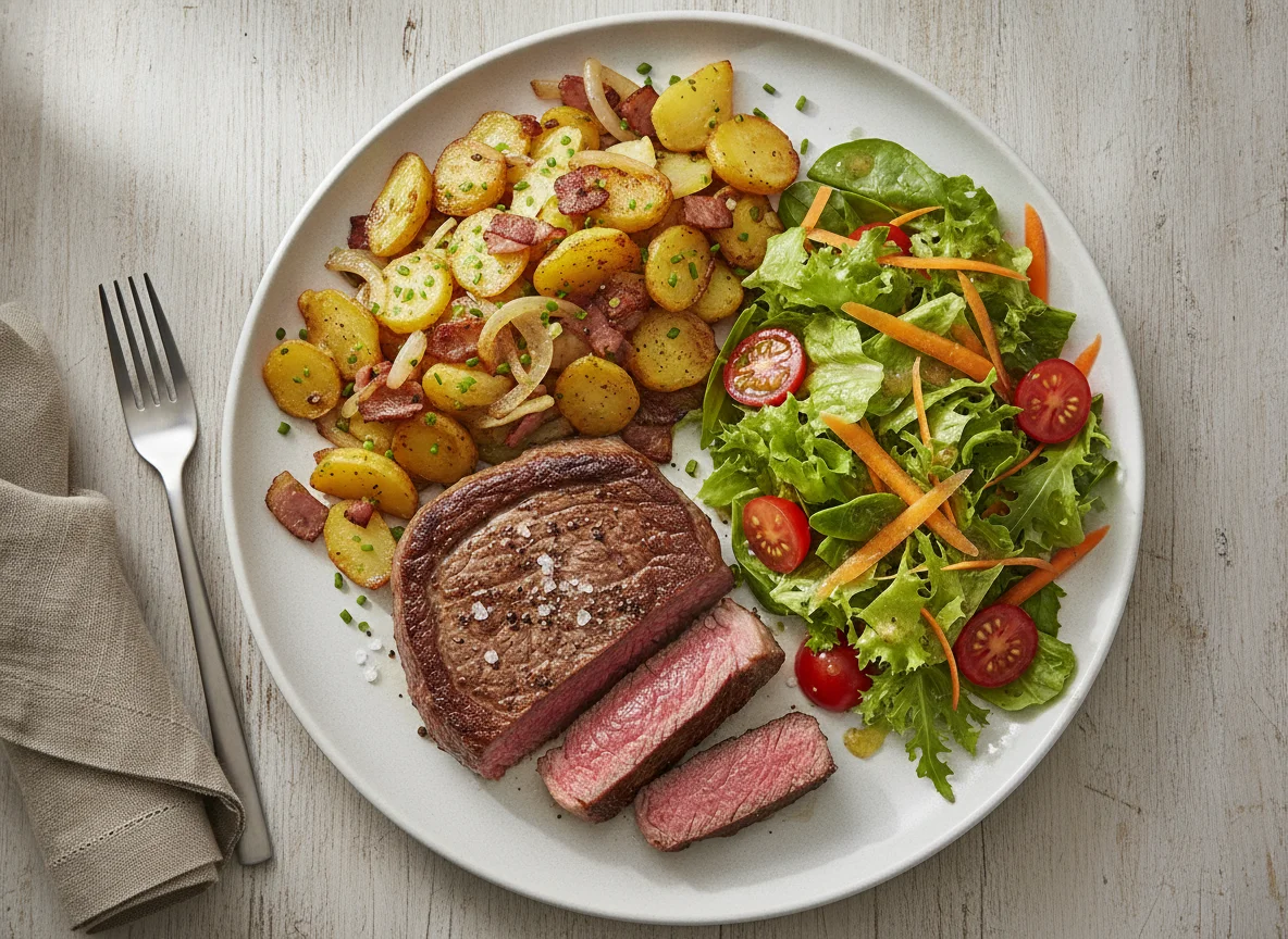 Rindersteak mit Bratkartoffeln und gemischtem Salat photo