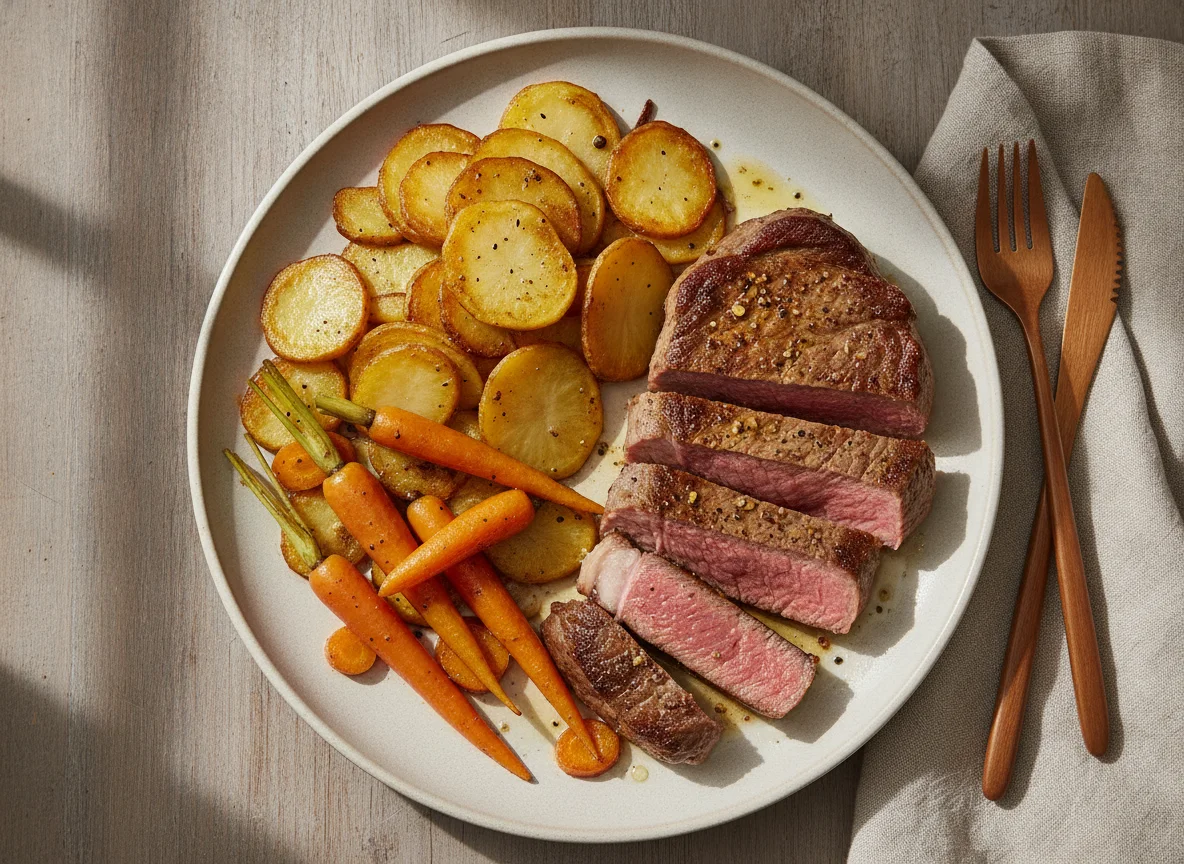 Rindersteak mit Bratkartoffeln und Karotten photo