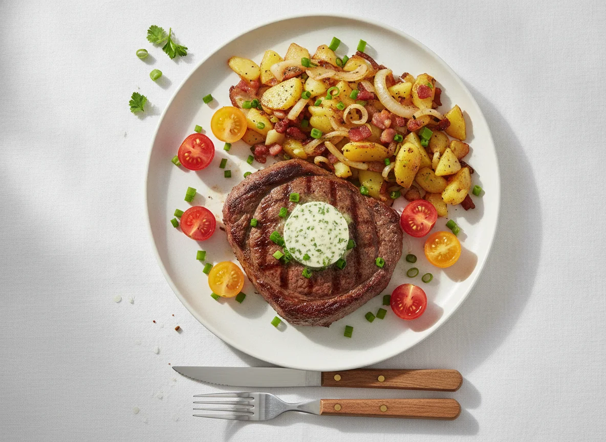 Rindersteak mit Bratkartoffeln und Kräuterbutter photo