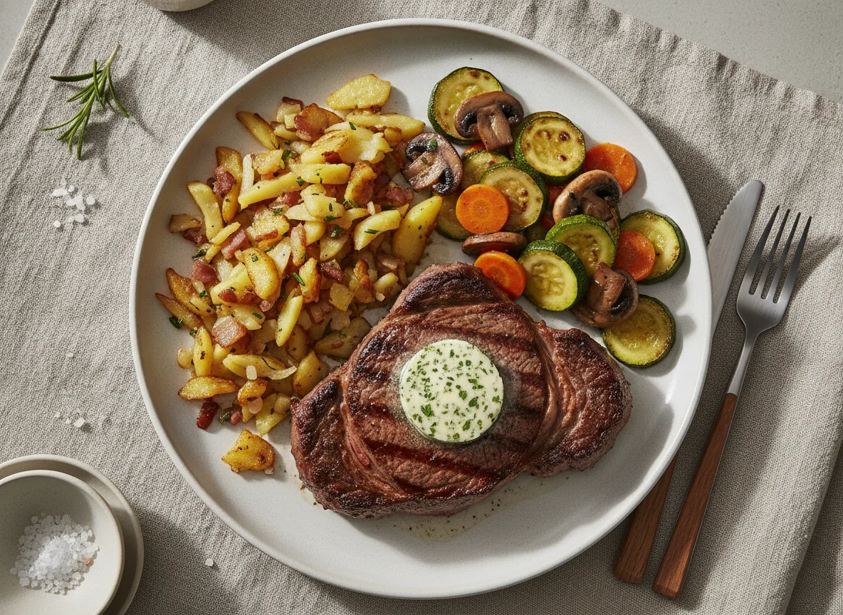 Rindersteak mit Bratkartoffeln und Pfannengemüse photo