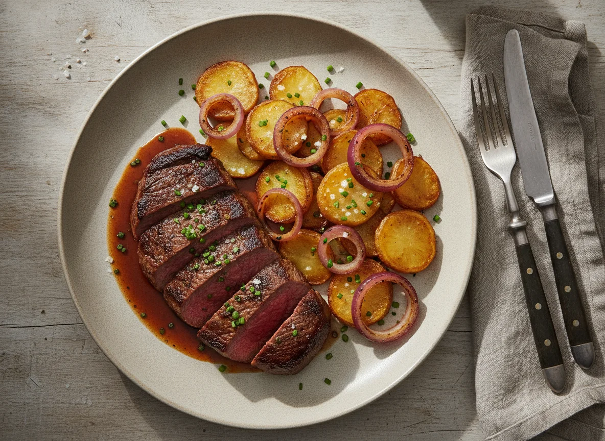 Rindersteak mit Bratkartoffeln und Zwiebeln photo