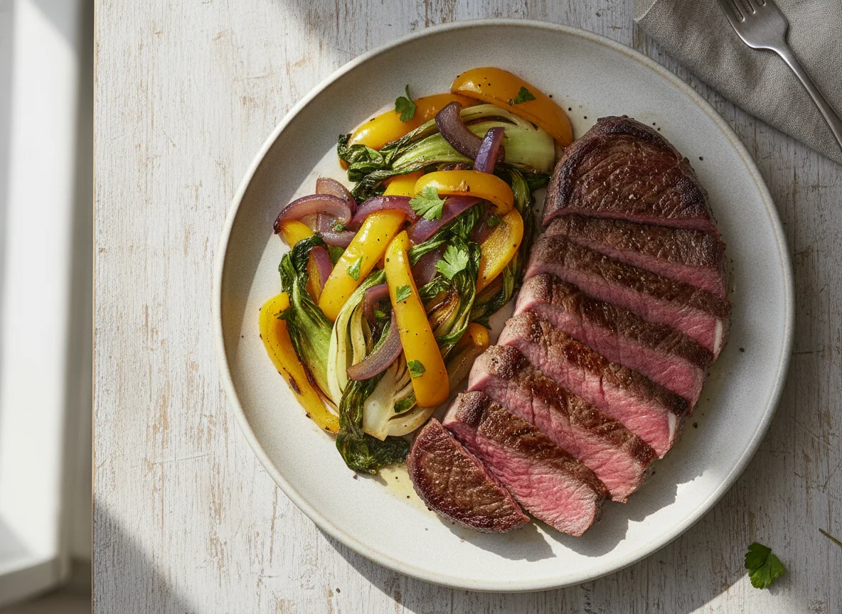 Rindersteak mit gebratenem Gemüse photo