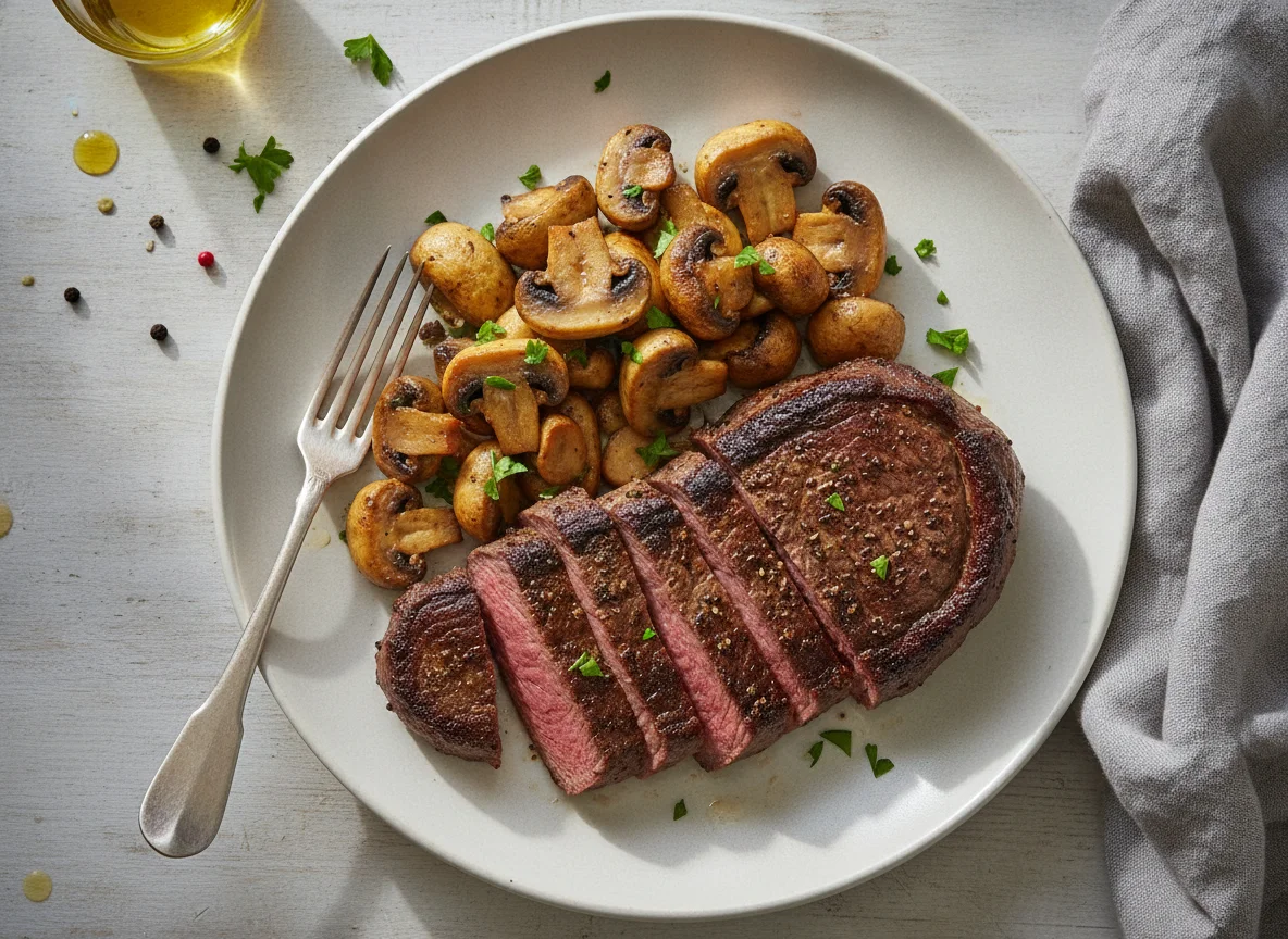Rindersteak mit gebratenen Champignons photo