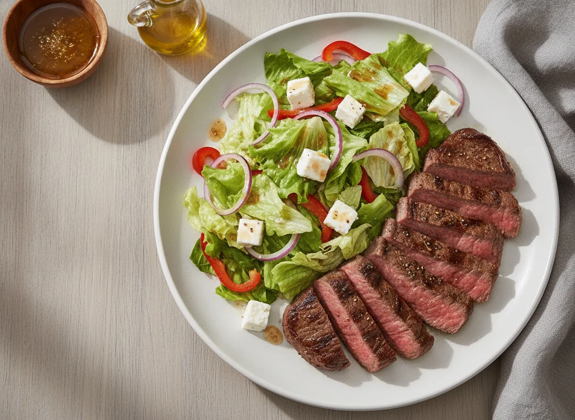 Rindersteak mit gemischtem Salat und Feta photo