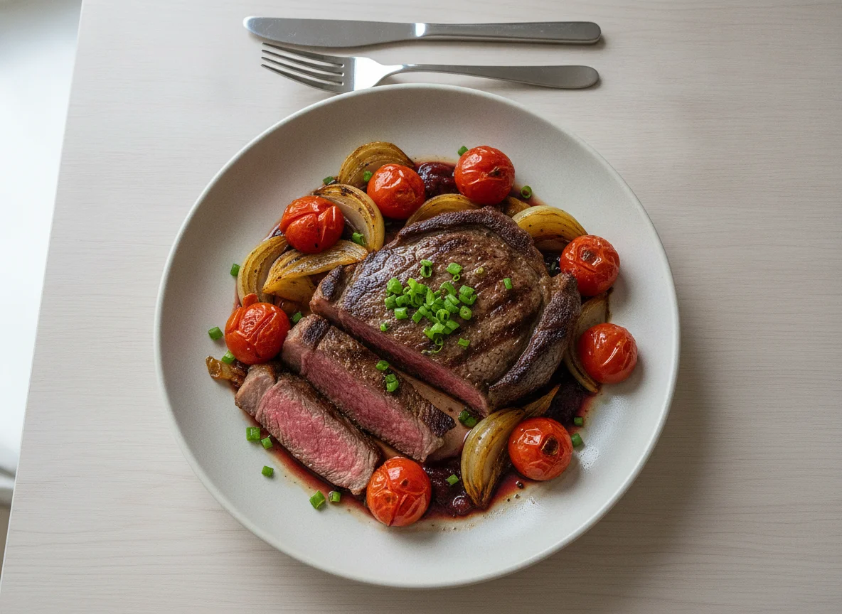 Rindersteak mit geschmorten Tomaten und Zwiebeln photo