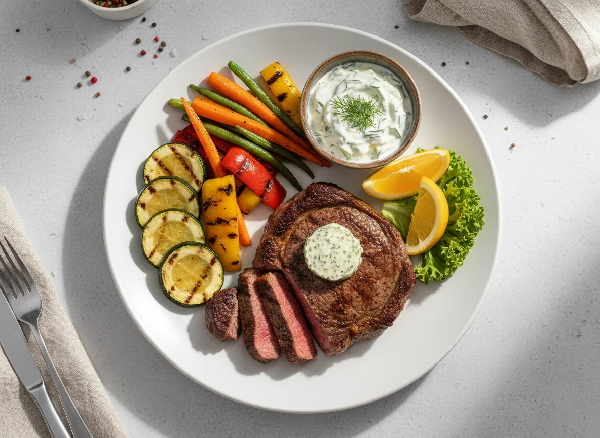 Rindersteak mit Grillgemüse und Kräuterbutter photo