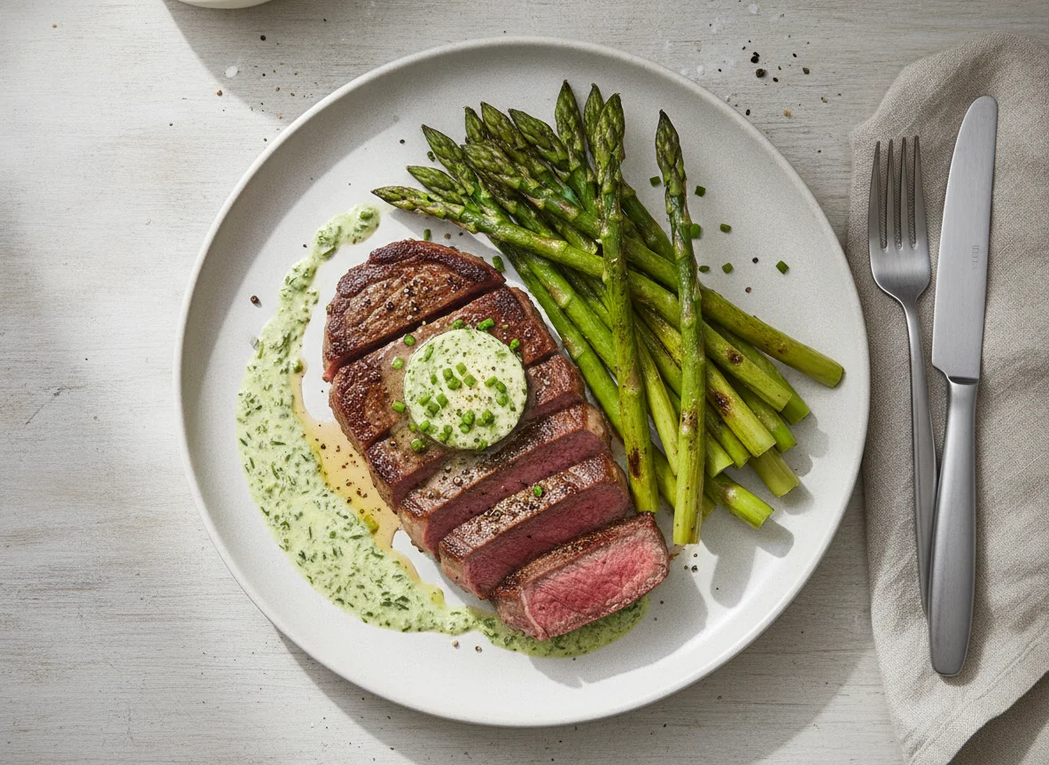 Rindersteak mit grünem Spargel photo