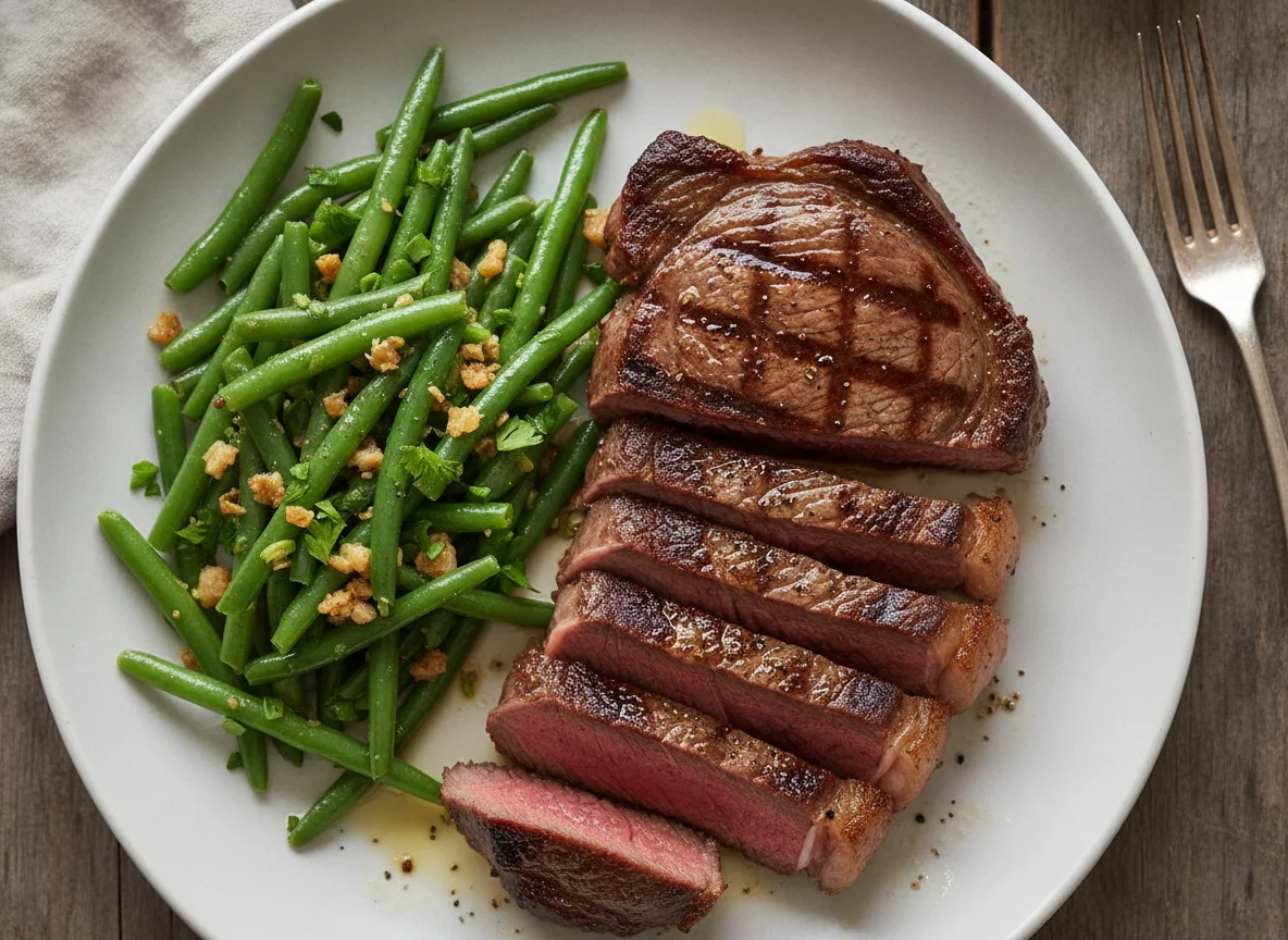 Rindersteak mit grünen Bohnen photo