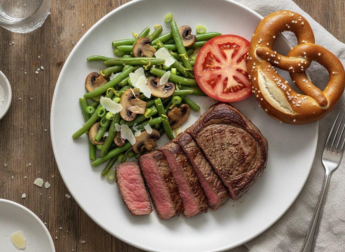 Rindersteak mit grünen Bohnen und Laugenbrezel photo
