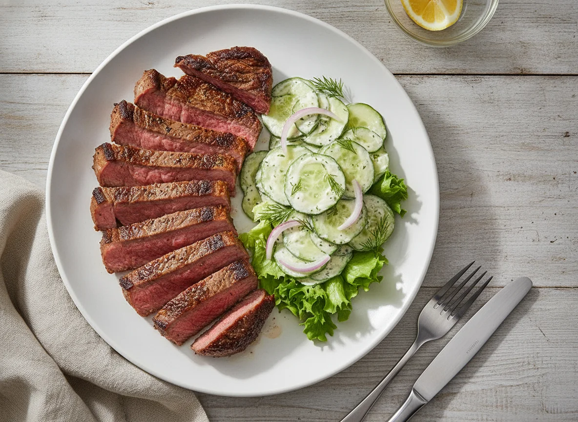 Rindersteak mit Gurkensalat photo