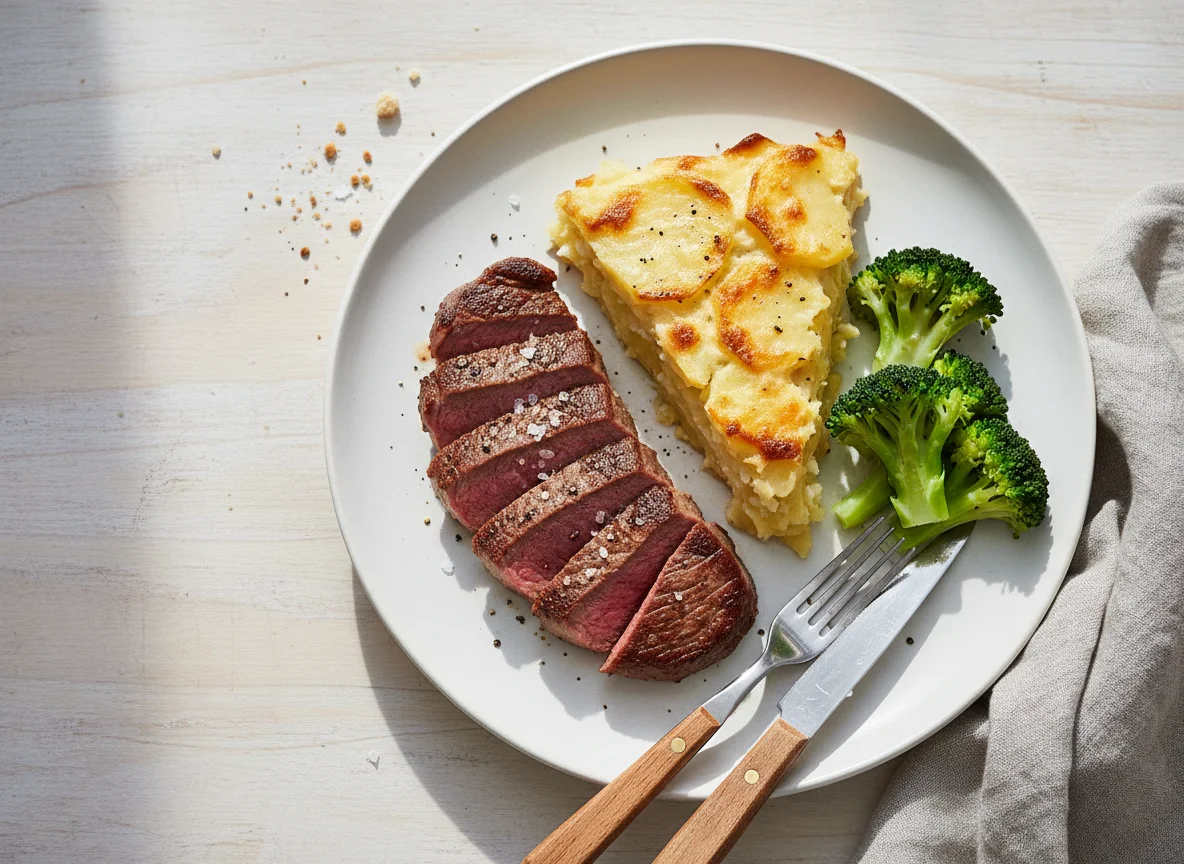 Rindersteak mit Kartoffelgratin und Brokkoli photo
