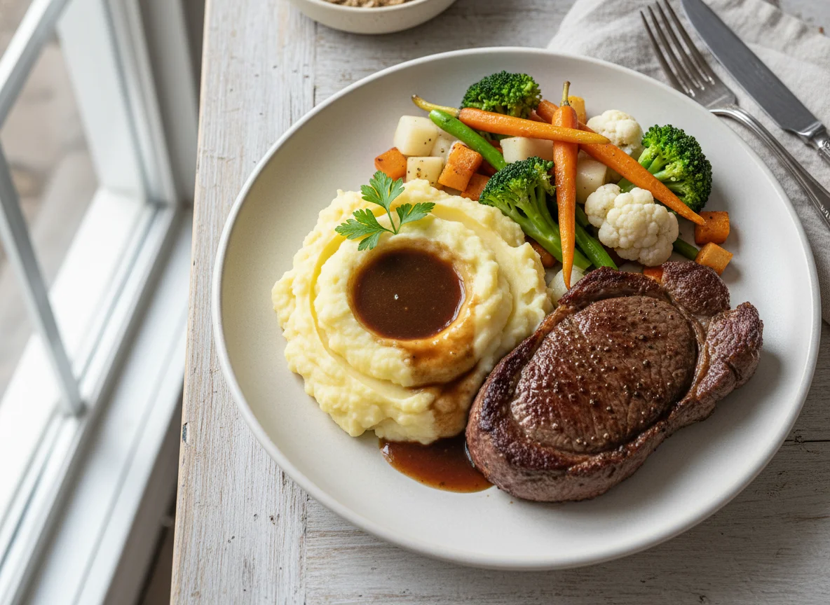 Rindersteak mit Kartoffelpüree und Gemüse photo