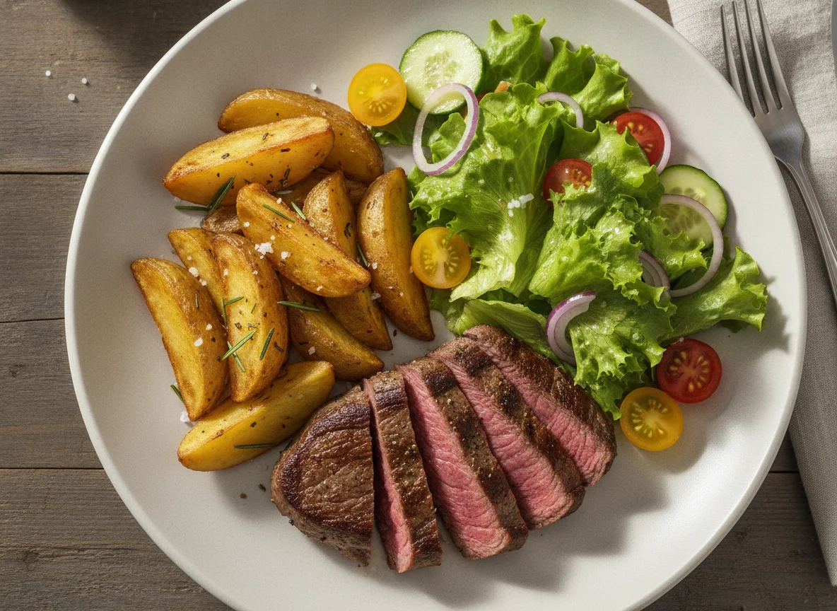 Rindersteak mit Kartoffelspalten und gemischtem Salat photo