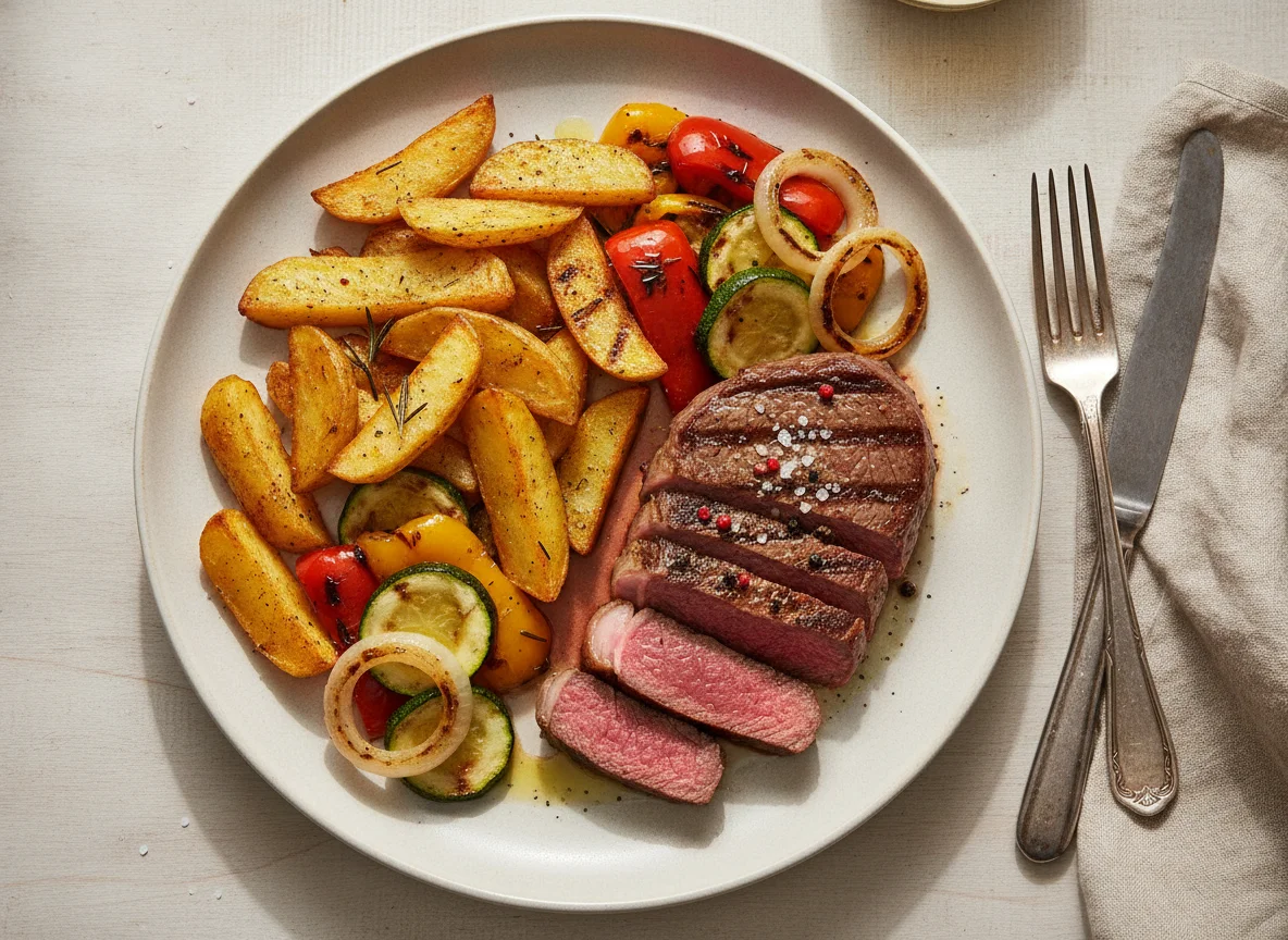 Rindersteak mit Kartoffelspalten und Grillgemüse photo