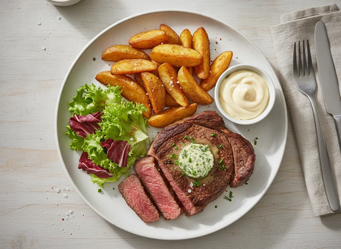Rindersteak mit Kartoffelspalten und Kräuterbutter photo