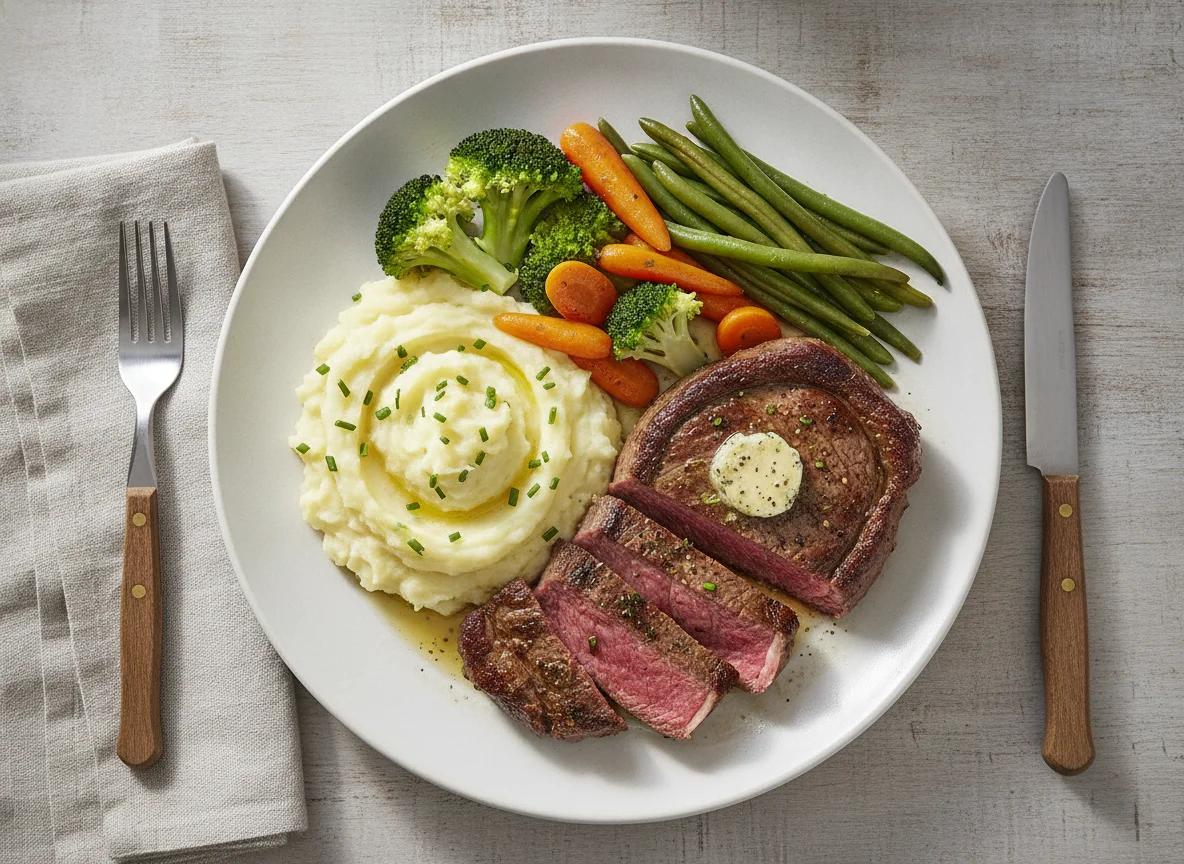 Rindersteak mit Kartoffelstampf und Gemüse photo