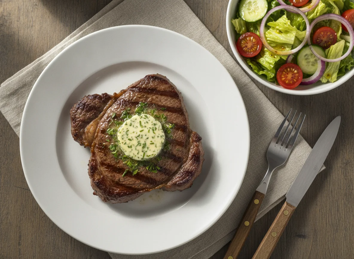 Rindersteak mit Kräuterbutter und Beilagensalat photo