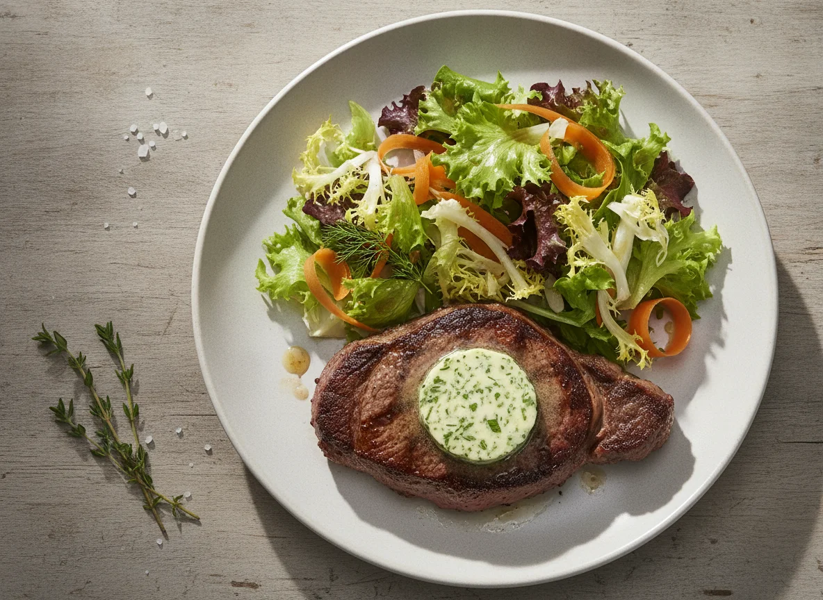 Rindersteak mit Kräuterbutter und gemischtem Salat photo