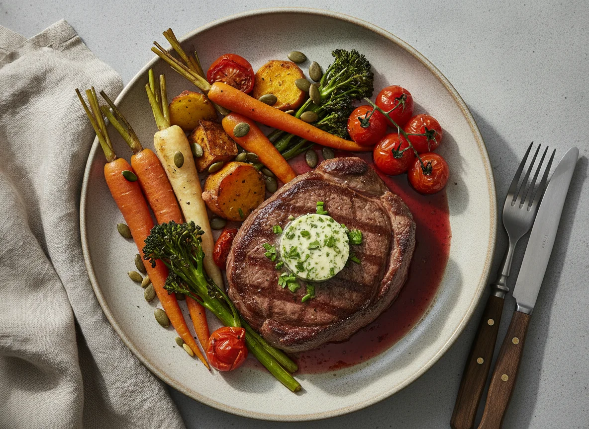 Rindersteak mit Ofengemüse und Rotweinsauce photo