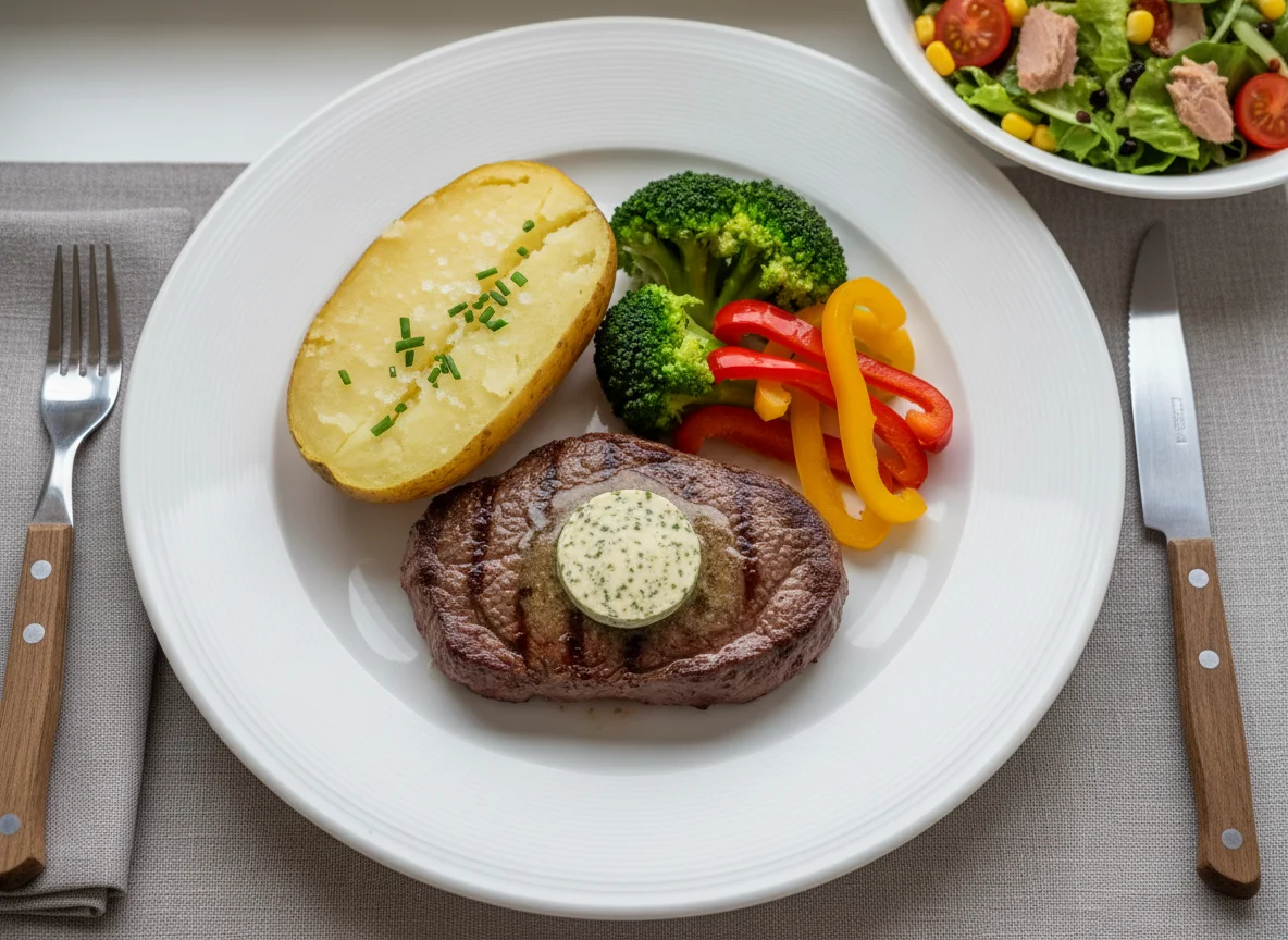 Rindersteak mit Ofenkartoffel, Brokkoli und gemischtem Salat photo